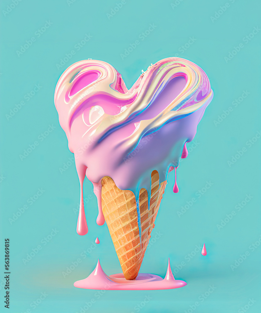 Wall mural creative concept of summer dessert, snack, pastel sweet, delicious heart shaped ice cream that melts