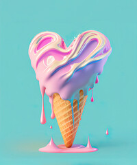 Creative concept of Summer dessert, snack, pastel sweet, delicious heart shaped ice cream that melts in a cone. Illustration, Generative AI.