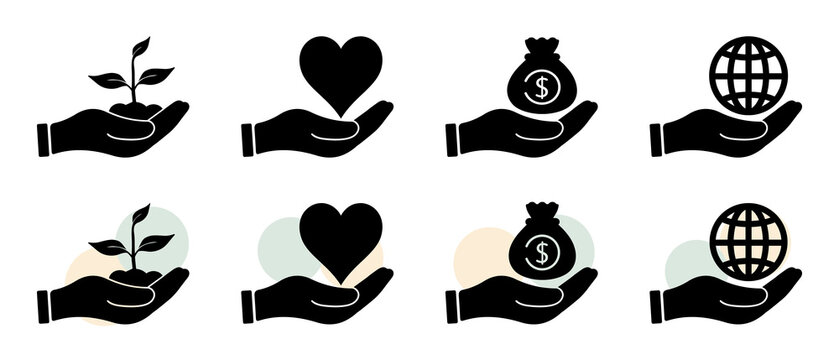 Different Open Hand Illustration Icons Set With Plant, Heart, Money Bag And Business Earth Symbol