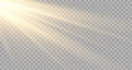 Gold sun beam rays vector illustration. Sunlight glowing png effect sky background