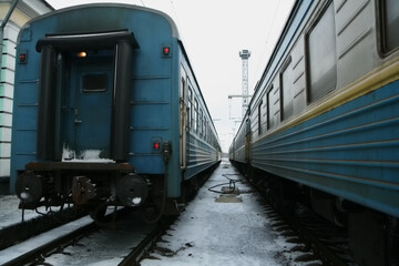 Rails and train at the station, infrastructure of Ukraine