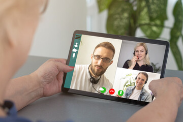 video conference. Multiethnic business team using laptop for a online meeting in video call. Group of people smart working from home