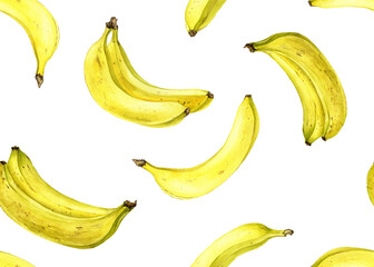 watercolor drawing yellow bananas , seamless pattern with fruits at white background, hand drawn illustration