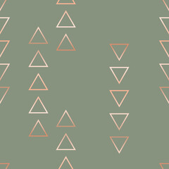 Elegant seamless geometric vector pattern with golden triangles on sage green background. Luxury design with metallic gradient shapes is perfect for gift decoration, stationery, wrapping paper