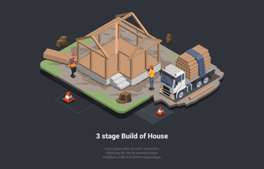 Concept Of House Building Stages And Foundation Work. Construction Workers Building Walls And Roof Of House Using Wooden Beams. Cottage Building Erection Process. Isometric 3D Vector Illustration
