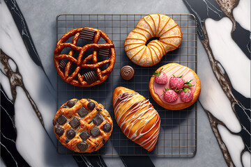 Close up of assorted pastries on a cooling rack on marble background