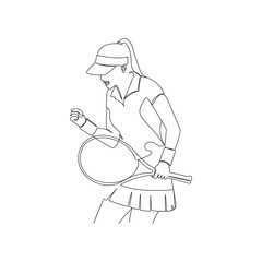 Young girl playing tennis. One line art. Tennis player with racket during the match. Winner, sport vector illustration.