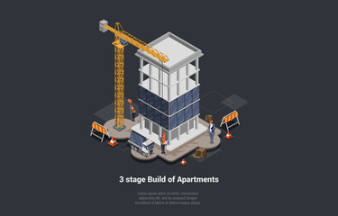 Stages Of Construction Multistory Building And Glazing. Construction Workers Attach Windows to Skyscraper Walls Using Tower Crane And Truck And Modern Technologies. Isometric 3D Vector Illustration