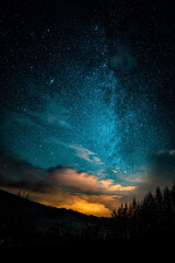 Night sky full of stars over the mountains. Bieszczady, Carpathians, Poland.