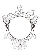 Line art floral frame with butterflies, moths and wildflowers
