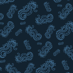 Watercolor-blue seamless pattern with seahorses, sea background.