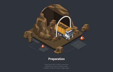 Tunnel Construction Composition Concept. Quarry Mining Machines, Underground, Tunneling Drilling Rig, Underground Mining Truck and Workers In Work Helmet And Clothes. Isometric 3d Vector Illustration
