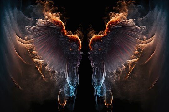smokey and fiery glowing wings. devil wings, angelical feathers.
