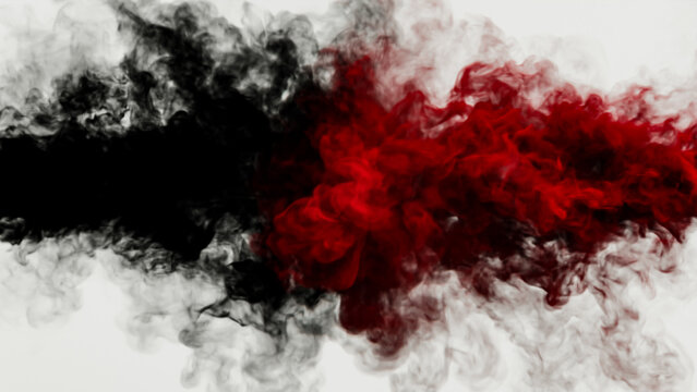 black and red smoke collision on white background. red ink and black ink in water. red and black background. mix of black and red ink in water
