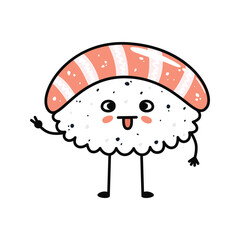 Kawaii sushi mascot in cartoon style. Cute nigiri with salmon for menu