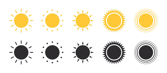 Sun icons. Solar icons set. Sun stars. Sunlight signs. Vector illustration
