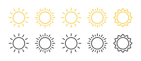 Sun icons set. Linear sun icons. Sun stars. Sunlight signs. Vector illustration