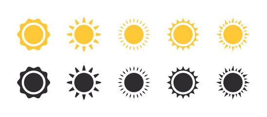 Sun icons set. Sun stars. Sunlight signs. Sunshine and solar glow. Vector illustration