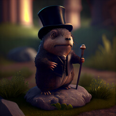 Evil lemming wearing a top hat and a cane, standing on a rock