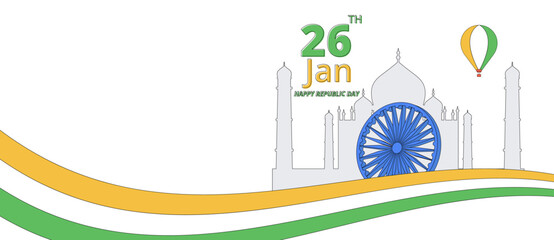 Obraz premium Happy Indian republic Day celebration Taj Mahal with air balloons on sky 70s retro flat style,illustration EPS10.