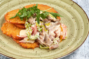 potato pancakes with meat and cream