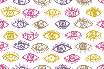 Hand drawn female eyes boho seamless pattern. Pop