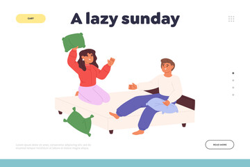 Lazy sunday concept of landing page with kids play funny pillow fight in bedroom at home