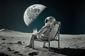 Back view a of lunar astronaut having a beer on the moon - Generative Ai