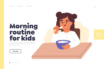 Morning routine for kids concept of landing page with small girl eating porridge on breakfast