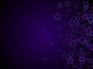 Neon luminous stars music vector background. Violet led magic New Year sparkles.