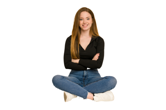 Young redhead woman sitting on the floor cut out isolated suffers pain in throat due a virus or infection. - Powered by Adobe