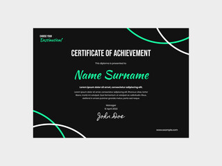 Dark certificate template adorned with intricate green circular lines. The design emanates a sense of sophistication and professionalism with its dark backdrop and precise green circular patterns. 