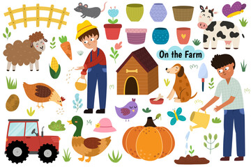 On the farm set with cute animals and kids farmers. Countryside life elements in cartoon style. Boy watering plant, sheep, cow, dog, duck, tractor and gardening graphic collection. Vector illustration