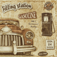 Filling station retro poster with vintage car.