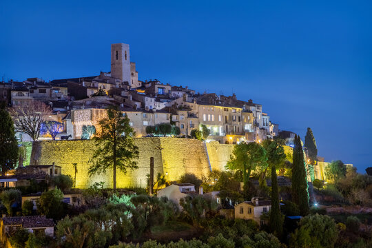 Saint Paul de Vence, France - medieval fortified hilltop town, view from the observation point at dusk
