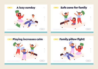Pillow fight concept of landing pages set with kids, teenagers and parents have pillow battle game