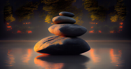Zen stones  for meditation and balance are fascinating natural structures consisting of a stone standing on a slender ice pedestal generative ai