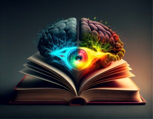 A Book that contain a Colorfull Brain with an eye inside
IA