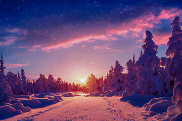 winter landscape with sunset in the forest, Generative AI Illustration 02