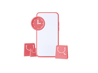 3d rendering smartphone with alarm clock and shopping bag ecommerce event sale reminder concept