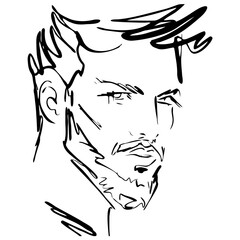 Male head, abstract portrait. Young man, line art, quick sketch, vector fashion illustration, beauty minimalist