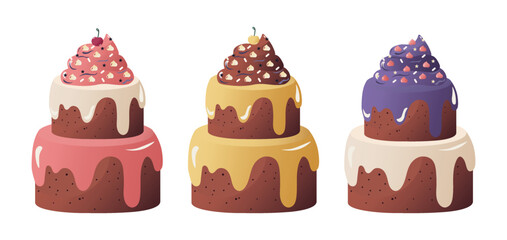 Cartoon cakes. Colorful delicious desserts, birthday cake. vector isolated 