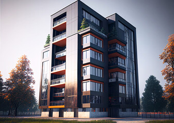 orange and black building with tree real estate