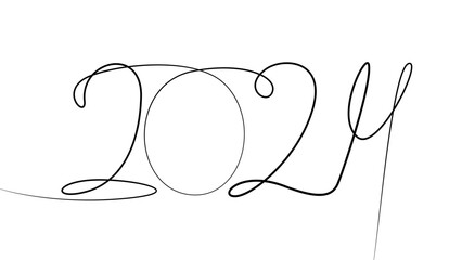Linear drawing of numbers 2024. New year. One continuous line drawing of the inscription 2024