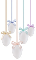 happy Easter decorations white eggs with shiny ribbons bows in pastel light colors, hanging on transparent background. Template for label, gift greeting card, promotional sale banner or ticket price