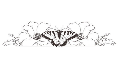 Floral line art border with insects and flowers © yuliia lashevska