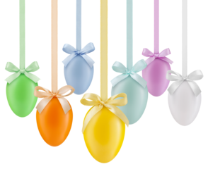 happy Easter decorations colorful eggs with shiny ribbons bows in pastel light colors, hanging on transparent background. Template for label, gift greeting card, promotional banner or ticket price
