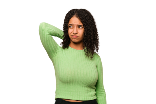 Young african american curly woman isolated touching back of head, thinking and making a choice.