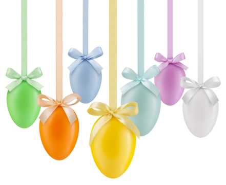 happy Easter decorations colorful eggs with shiny ribbons bows in pastel light colors, hanging on transparent background. Template for label, gift greeting card, promotional banner or ticket price