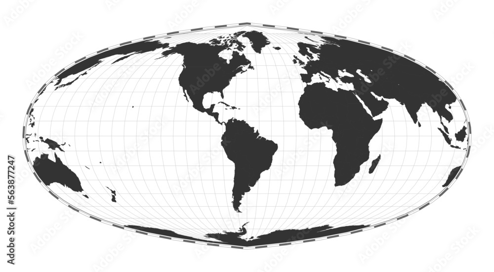 Poster vector world map. foucault's sinusoidal projection. plain world geographical map with latitude and l